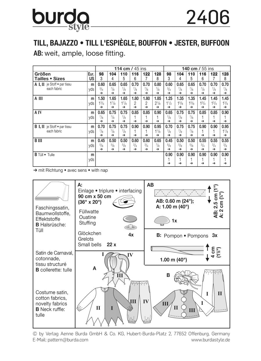 PDF-symönster - Burda 2406 - Utklädningskläder - Flicka Pojke - Maskerad | Bild 4