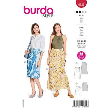burda symönster för kvinnor omlottkjolar i sari-stil med knytband, med midjeband och asymmetriska veck #5725 