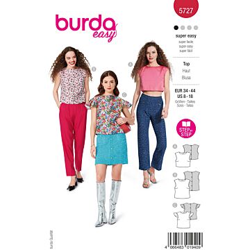burda symönster damcrop top gjord av jacquard, blusskjorta med tryckknapp och sommarskjorta gjord av poplin med kepsärmar #5727 
