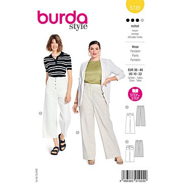 burda symönster dam linnebyxor med passpoalfickor & 7/8 jeans med knappslå och lappade fickor #5735 