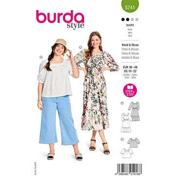 burda symönster dam midiklänning och blus med voluminösa raglanärmar och fåll volang #5741 