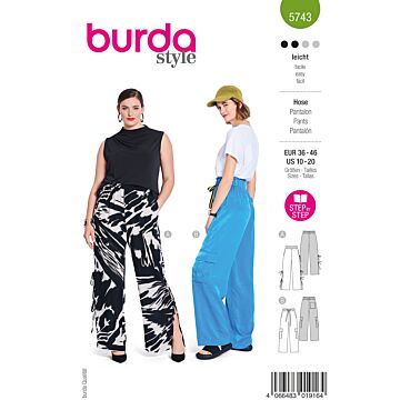 burda symönster dambyxor med hög sidoslits, knytband & cargobyxor med XL-fickor och randigt band #5743 