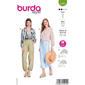 burda symönster damblusar med V-ringning, dragsko och nedfällda axlar #5745 