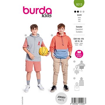 burda symönster barnhuvtröja med färgblockering och ficklock & luva #9213 