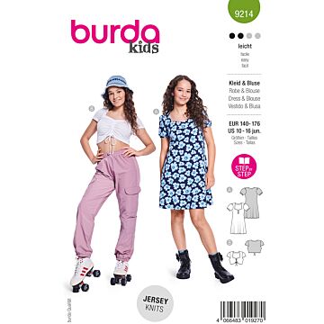 burda symönster tjejklänning med sweetheart halsringning och voluminösa puffärmar & topp med dragsko och snöre #9214 