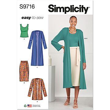 Simplicity Symönster set-top, kofta och kjol för kvinnor #9716 storlek 38-46