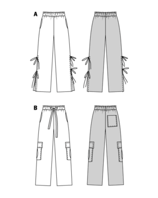 burda symönster dambyxor med hög sidoslits, knytband & cargobyxor med XL-fickor och randigt band #5743 